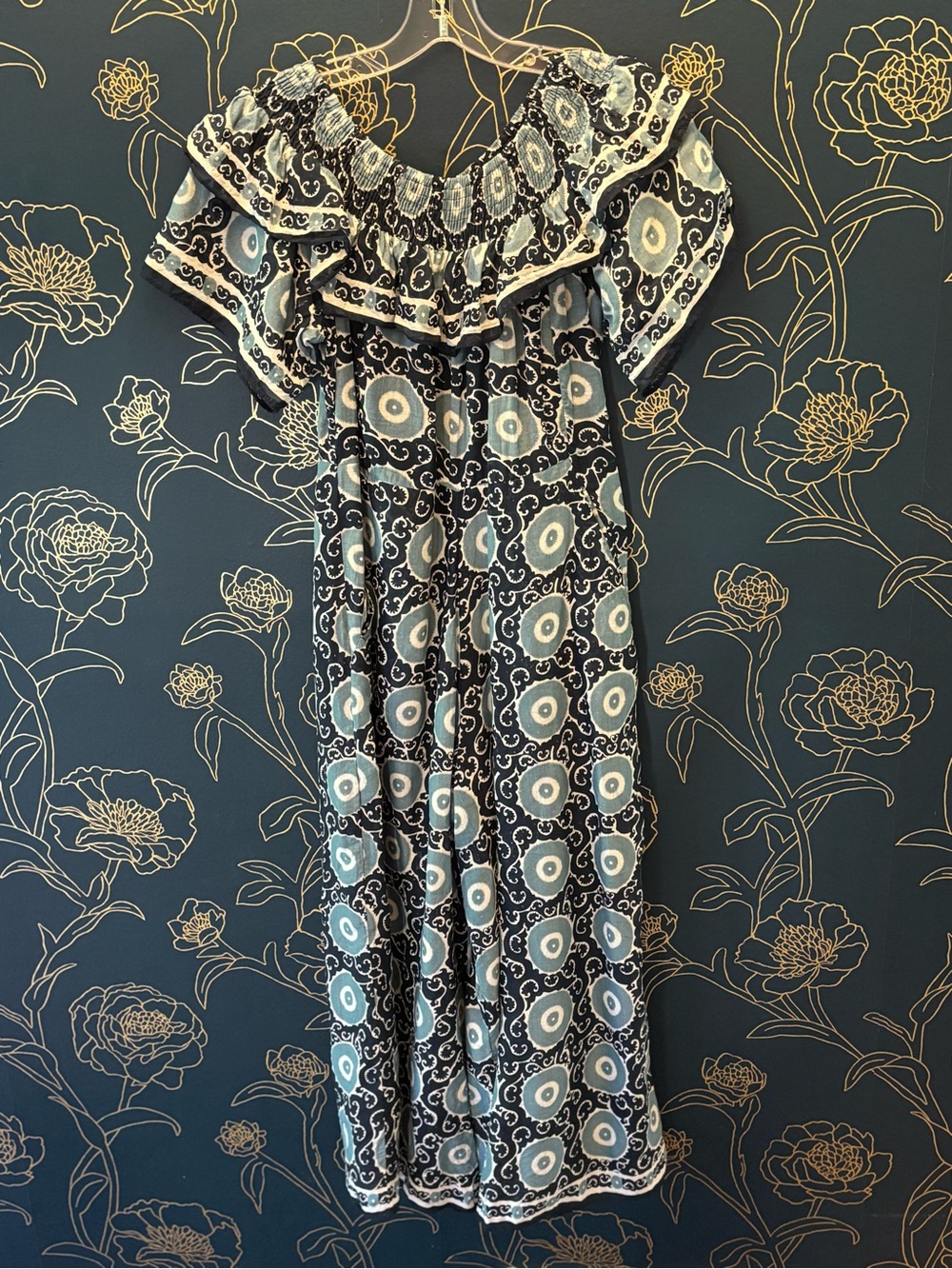 Anthropologie KOPAL Suzani Off-The-Shoulder Romper LARGE blue white CROPPED - Picture 6 of 10